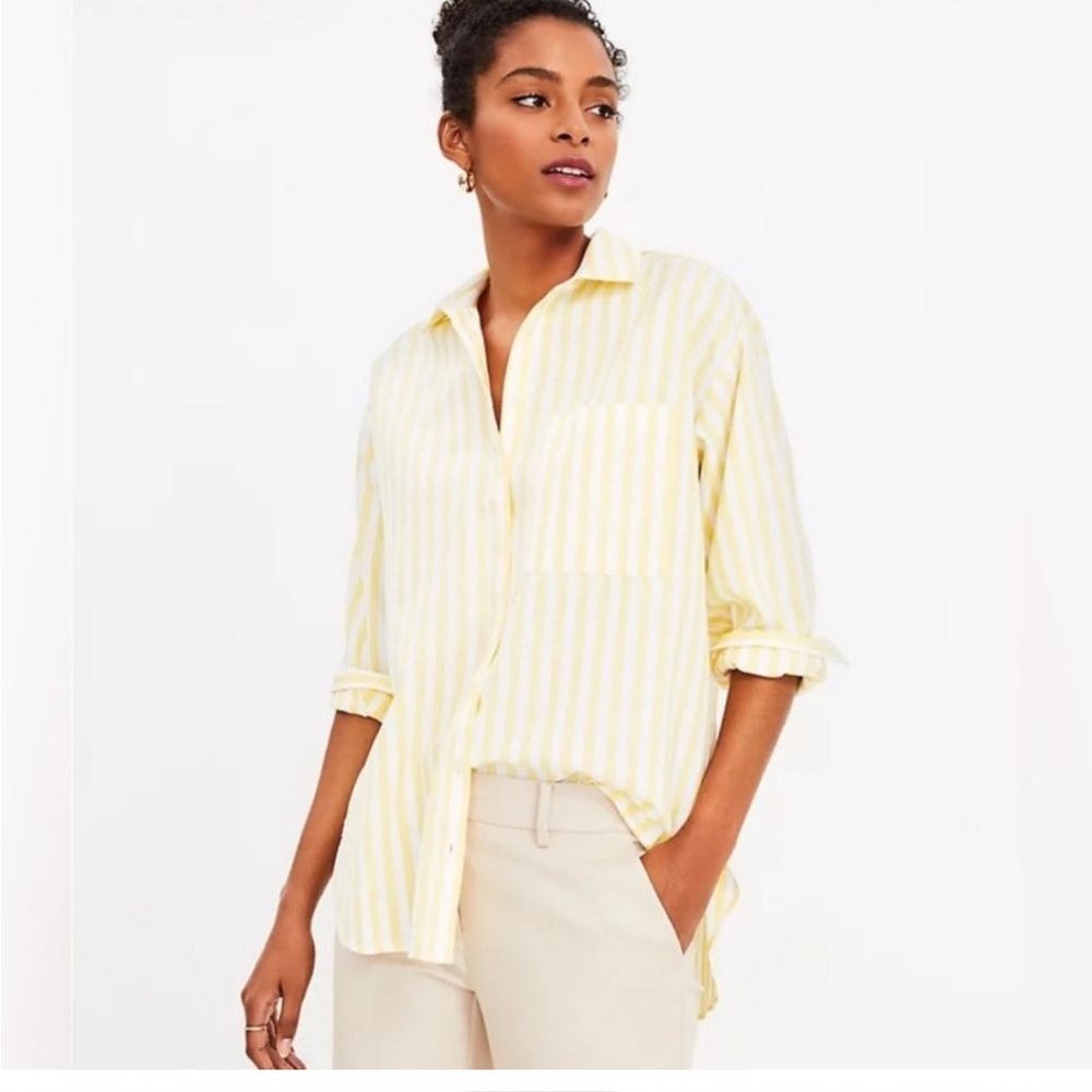 LOFT Light Yellow Striped Button-Down Blouse